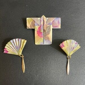 Vintage Origami Kimono Brooch Fan Earrings Set Floral Handcrafted Paper